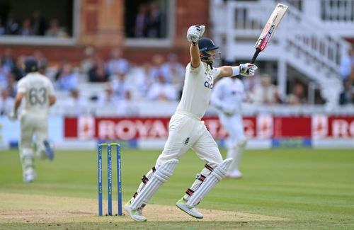 Joe Root celebrates his hundred during day three of the 2nd Test Match between England and India at Lord's. Pic: Getty Images