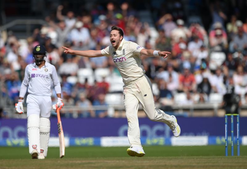 England bowler Ollie Robinson celebrates after taking the wicket of Rishabh Pant. Pic: Getty Images