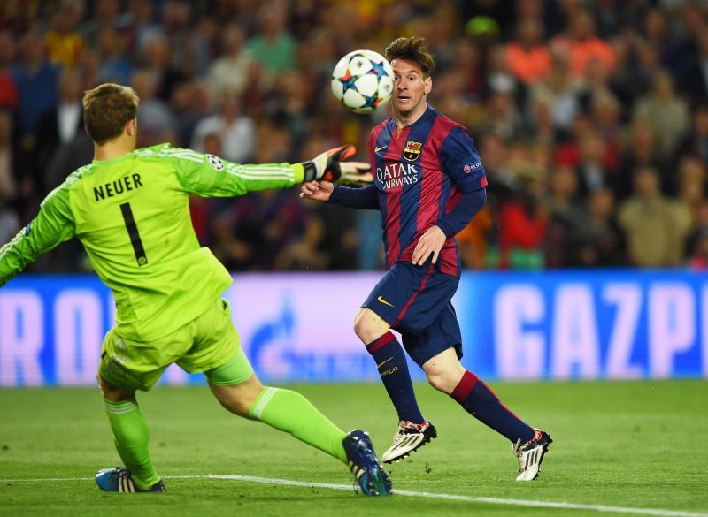 Lionel Messi in action for Barcelona v FC Bayern Muenchen - UEFA Champions League Semi Final
