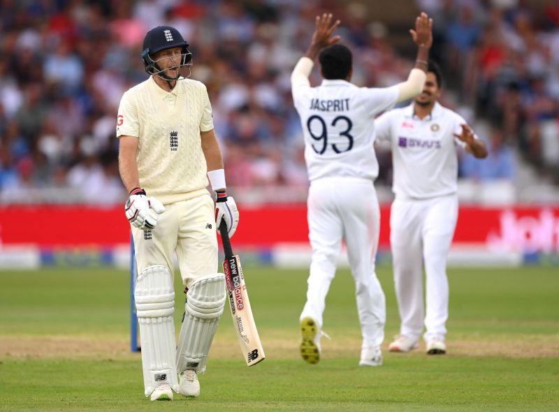 England captain Joe Root walks back after being dismissed on Day 1 against India in Nottingham. Pic: Getty Images