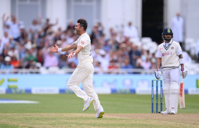 Jimmy Anderson celebrates the wicket of Virat Kohli in the first Test.