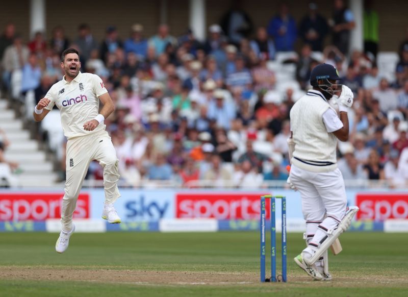 James Anderson after dismissing Cheteshwar Pujara. Pic: Getty Images