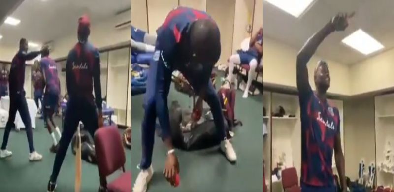 West Indies player enact a DRS scenario in the locker room. Pic: Windies Cricket