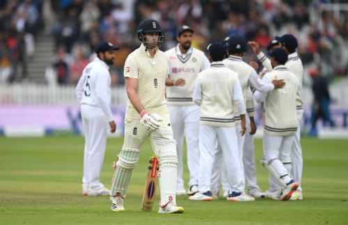 England batsman Dom Sibley leaves the crease after being dismissed for 0. Pic: Getty Images