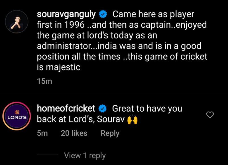 Lord's Cricket Ground's comment on Sourav Ganguly's post