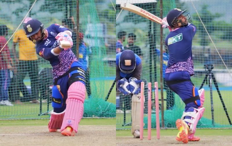 Mayank Markande hits some big ones in the RR nets. Pic: Rajasthan Royals