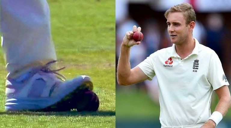 (Left) A screen grab of the &lsquo;spike on ball&rsquo; incident; (Right) Stuart Broad