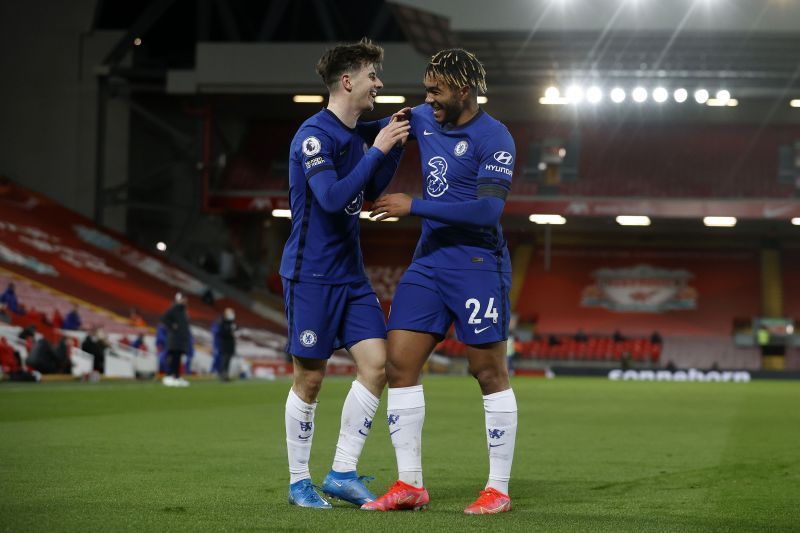 Mount and James celebrating a goal at Anfield in the Premier League