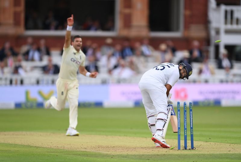 James Anderson reacts after his dismissal  of Rohit Sharma on Thursday
