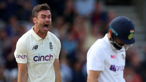 England's James Anderson roars after dismissing Virat Kohli. (Credits: Twitter)