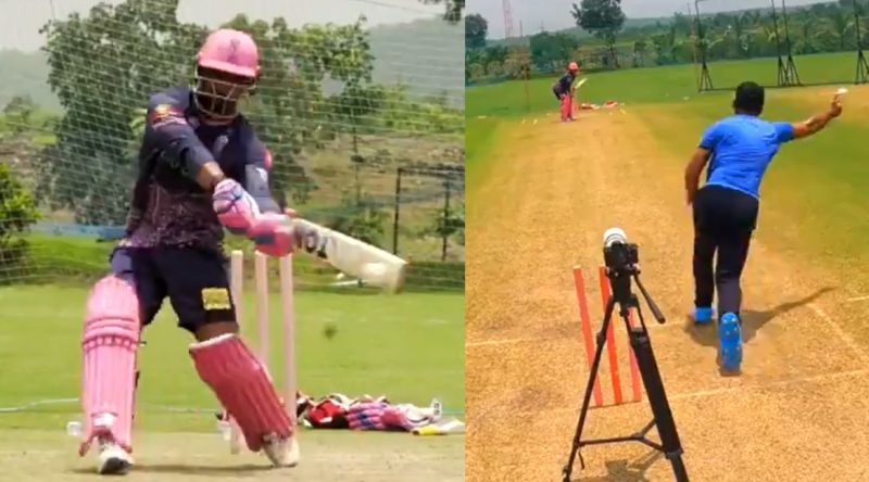 Mahipal Lomror (left) and Riyan Parag (bowling) take part in a Super Over challenge. Pic: Rajasthan Royals