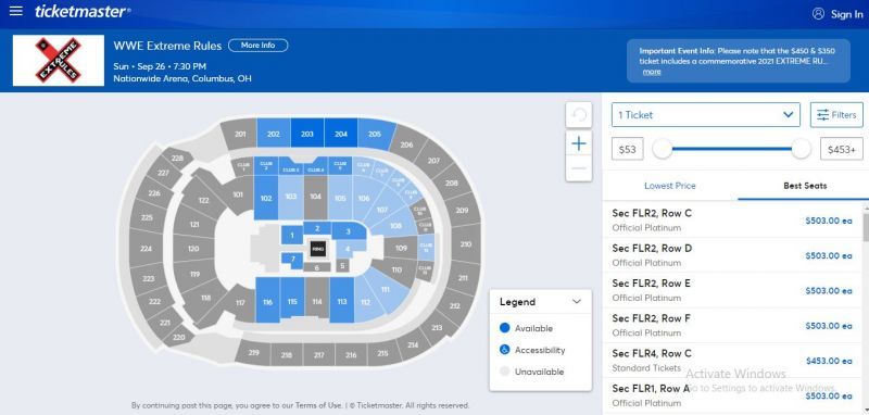 Extreme Rules ticket booking screen - ticketmaster.com