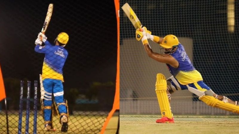 MS Dhoni (L) and Suresh Raina (R) at CSK nets on Friday (Credits: Twitter)