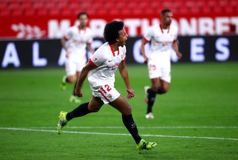 Jules Kounde celebrates after scoring for Sevilla