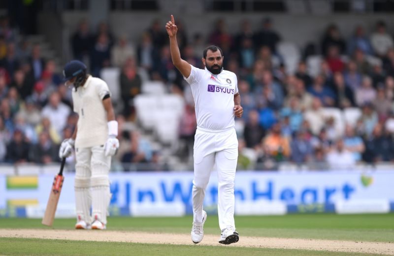 Mohammed Shami celebrates after cleaning up England batsman Rory Burns. Pic: Getty Images