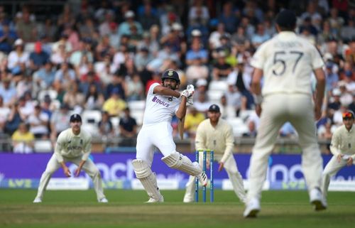 Rohit Sharma played an awkward pull to be dismissed on Day 1 of the Headingley Test. Pic: Getty Images