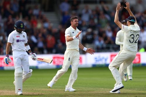 James Anderson celebrates Virat Kohli’s dismissal. Pic: Getty Images