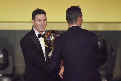 Lionel Messi and Cristiano Ronaldo (right) at the 2015 FIFA Ballon d'Or Gala