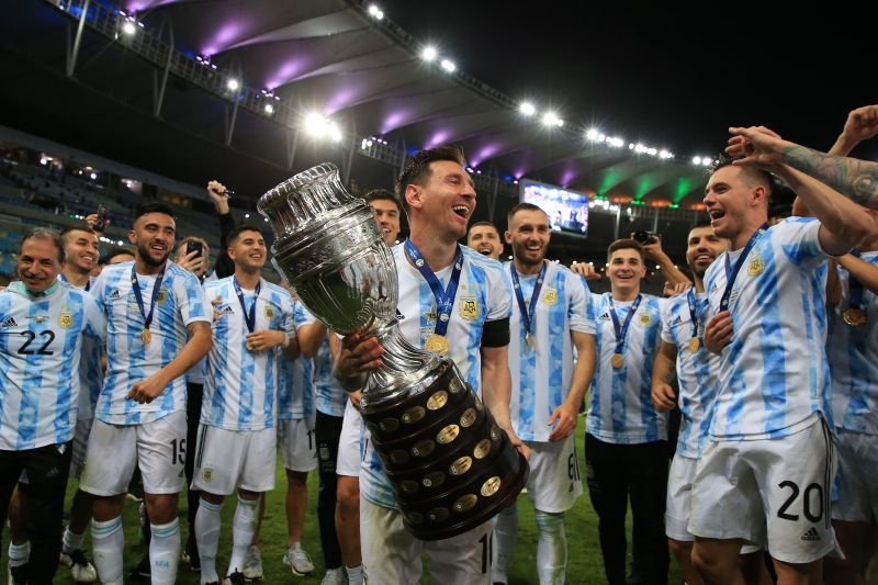 Argentina celebrate their Copa America 2021 title.