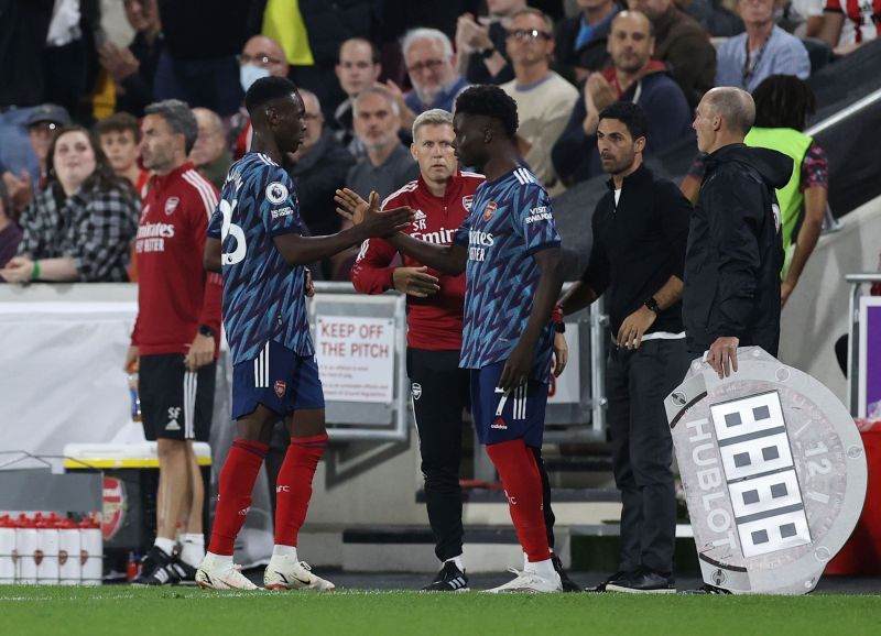 Bukayo Saka coming on as a substitute for Arsenal in the second half against Brentford.