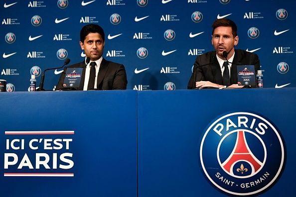 PSG president Nasser Al-Khelaifi at Lionel Messi&#039;s unveiling