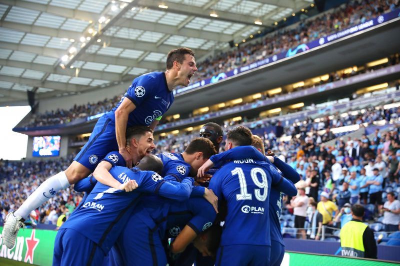 Chelsea players celebrating Kai Havertz&#039;s goal in the UEFA Champions League Final