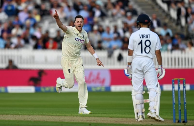 Ollie Robinson celebrates the scalp of Virat Kohli. Pic: Getty Images