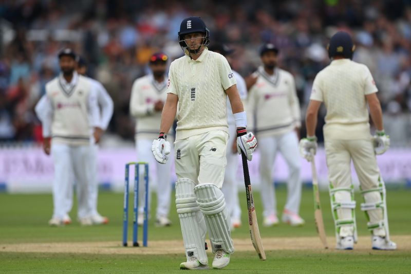 Joe Root walks back after being dismissed for 33 on Monday. Pic: Getty Images