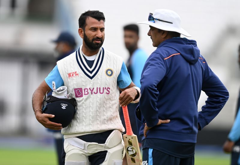 Cheteshwar Pujara with coach Ravi Shastri during a nets session at The Kia Oval in London. Pic: Getty Images