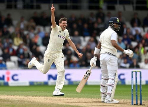 Craig Overton celebrates opener KL Rahul's wicket in the third Test at.