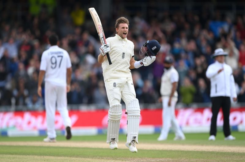 Joe Root celebrates his hundred against India during the 2021 Leeds Test.