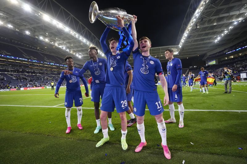 Werner and Havertz celebrate with the UEFA Champions League trophy