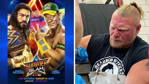 SummerSlam 2021 poster (left); Brock Lesnar's new look (right)