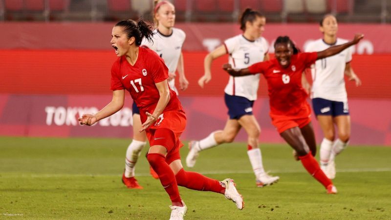 Jessie Fleming scores a penalty-kick against USWNT