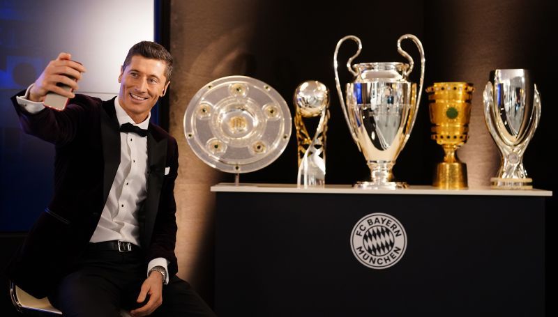 Robert Lewandowski of FC Bayern Munich with all the silverware at FIFA The BEST Awards.