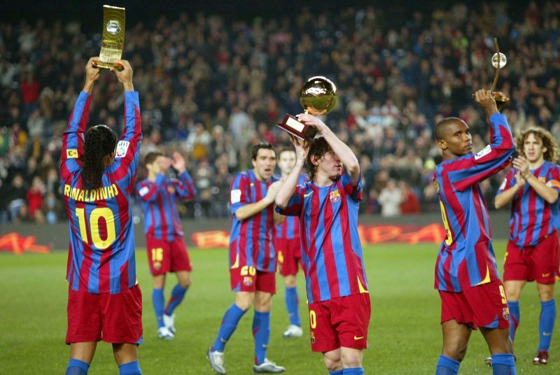 Leo Messi with the Golden Boy award in his league-winning debut season