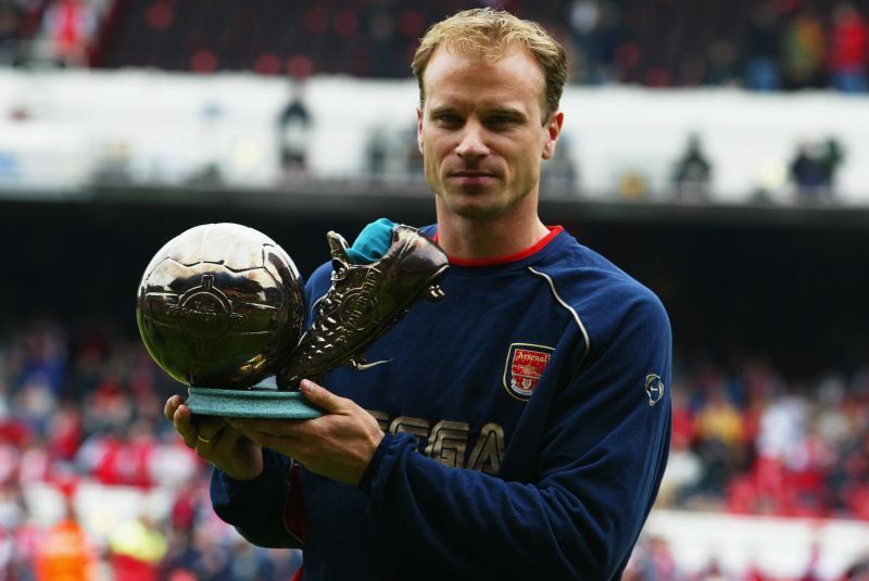 Dennis Bergkamp of Arsenal with the Premier League Goal of the Season award