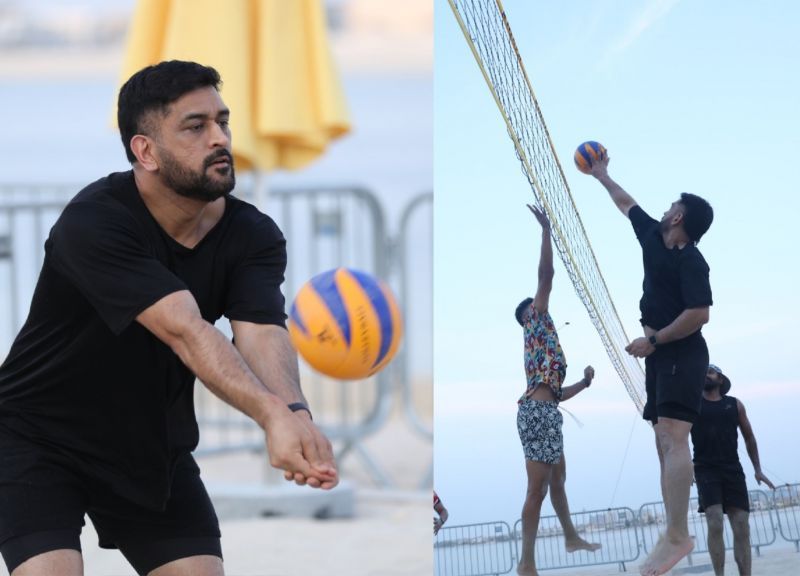 MS Dhoni playing volleyball with his teammates