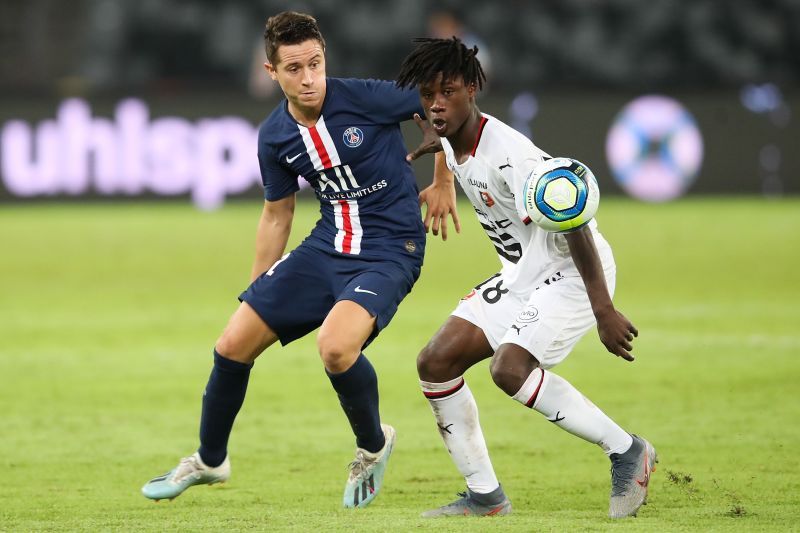 Eduardo Camavinga (right) in action for Rennes