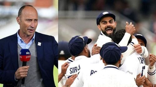 Nasser Hussain (left), and Virat Kohli celebrating with his teammates at Lord's (right).