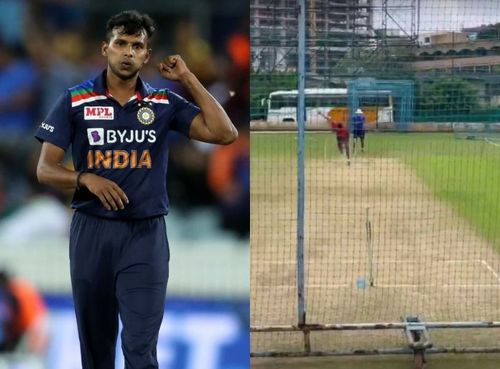 T Natarajan practicing hard in the nets