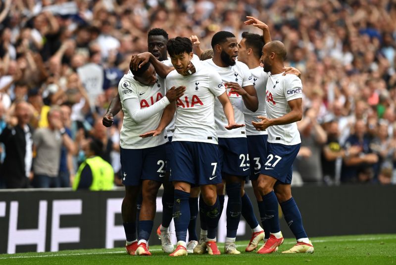 Tottenham Hotspur players celebrate their goal against Manchester City
