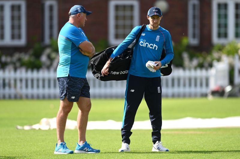 Chris Silverwood and Joe Root in England's Nets Session