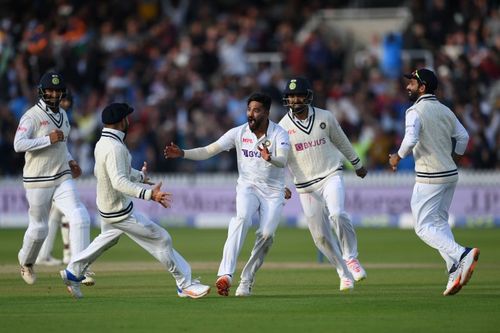 India celebrate clinching the Lord's Test against England to go 1-0 up in the series