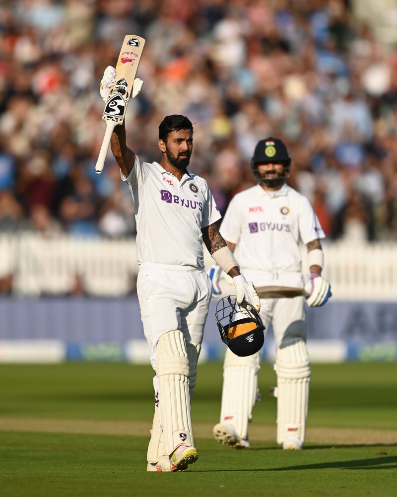 KL Rahul celebrates his hundred on Day 1 of the second Test against England at Lord&#039;s