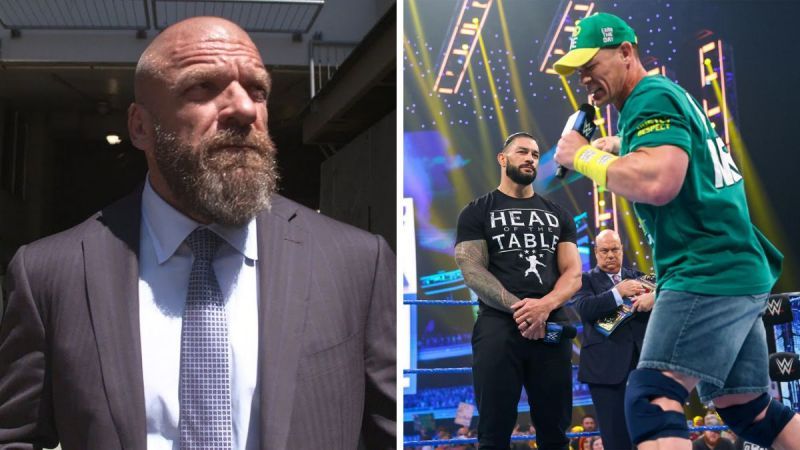 Triple H (left); Roman Reigns and John Cena (right)