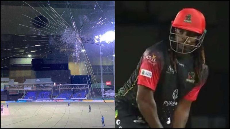 Chris Gayle smashes the window over the sight screen with a monstrous six.