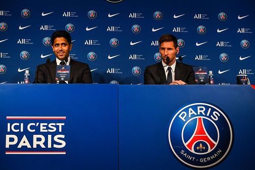 Lionel Messi with PSG president Nasser Al-Khelaifi