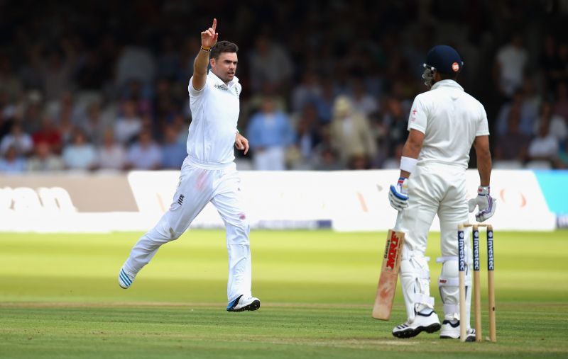 James Anderson celebrates the wicket of Virat Kohli during the 2014 series.
