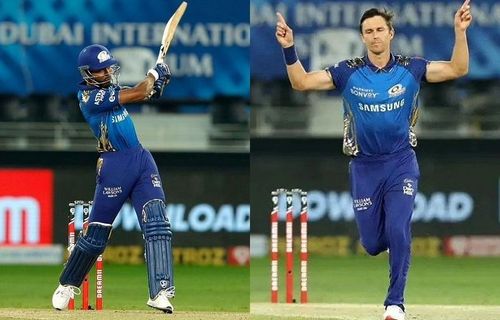 MI players Hardik Pandya (left) and Trent Boult. Pic: IPLT20.COM